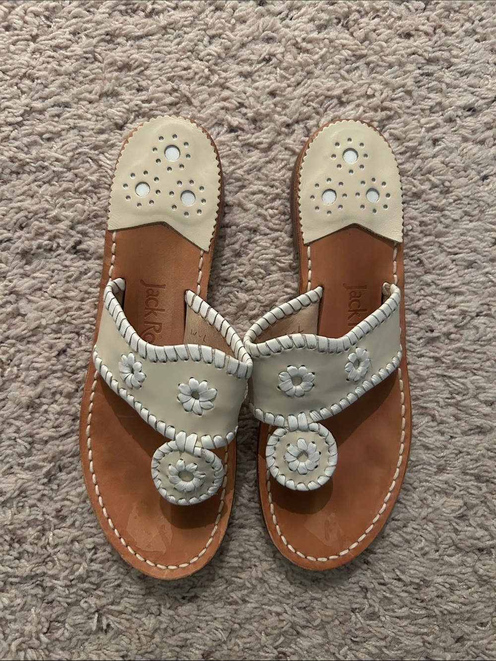 Jack Rogers Cream Leather Floral Thong Sandals